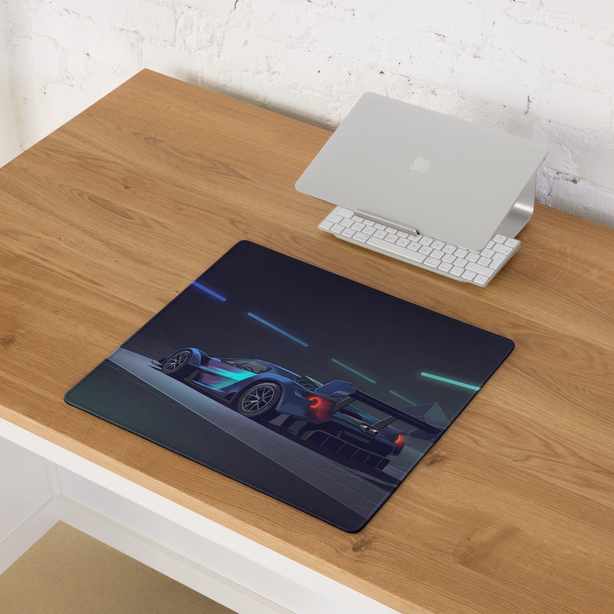 Ford GT MkIV Inspired Blue Cyan Vaporwave Gaming Mouse Pad – Neon Cyber Garage Desk Mat, Futuristic Hypercar Digital Artwork