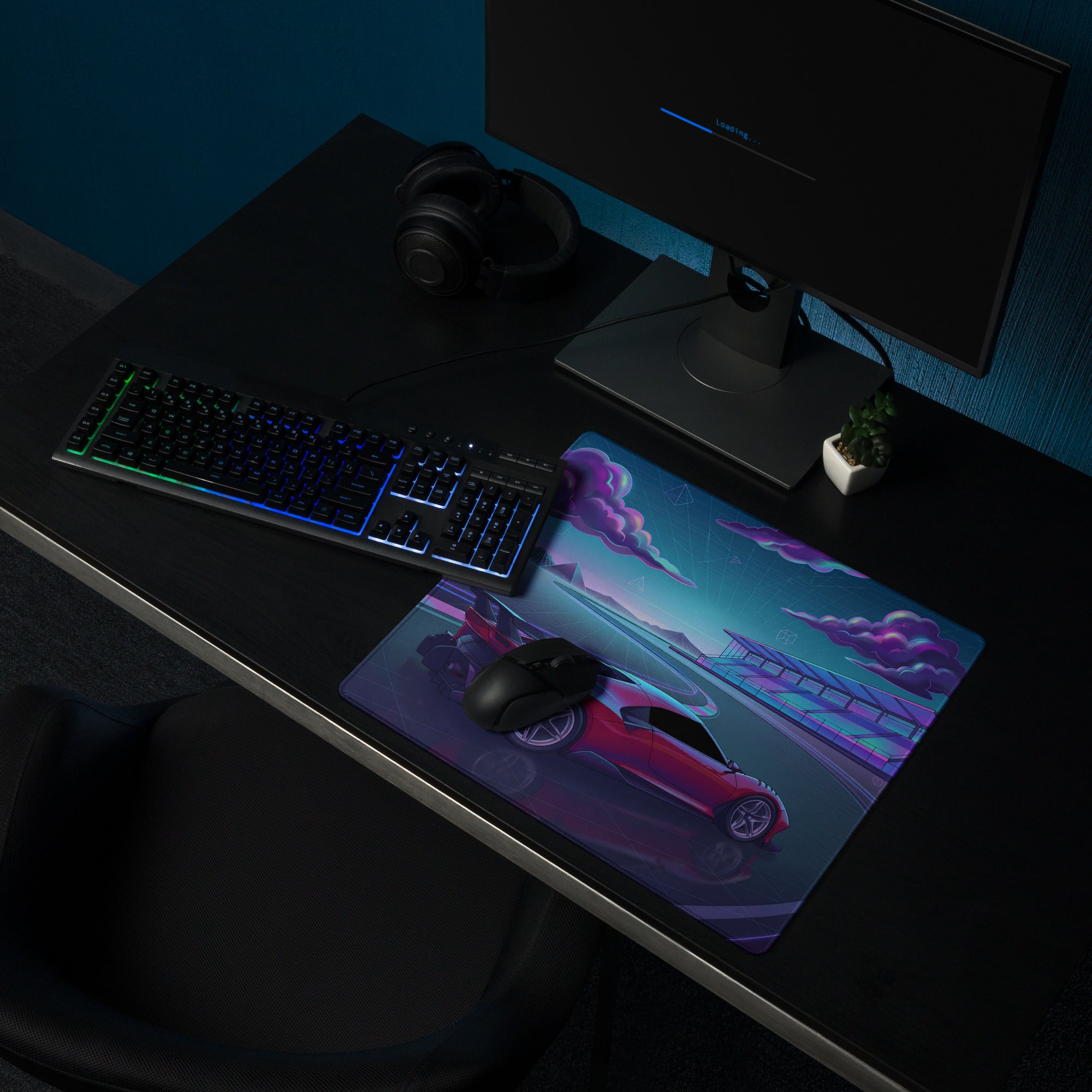 Ferrari P80/C Inspired Red Cyan Vaporwave Gaming Mouse Pad – Neon Futuristic Racetrack Desk Mat, Retro Hypercar Digital Artwork