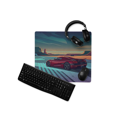 Koenigsegg Agera RS Inspired Red Cyan Vaporwave Gaming Mouse Pad – Neon Desert Highway Desk Mat, Retro Futuristic Hypercar Digital Artwork