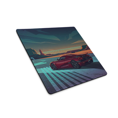 Koenigsegg Agera RS Inspired Red Cyan Vaporwave Gaming Mouse Pad – Neon Desert Highway Desk Mat, Retro Futuristic Hypercar Digital Artwork