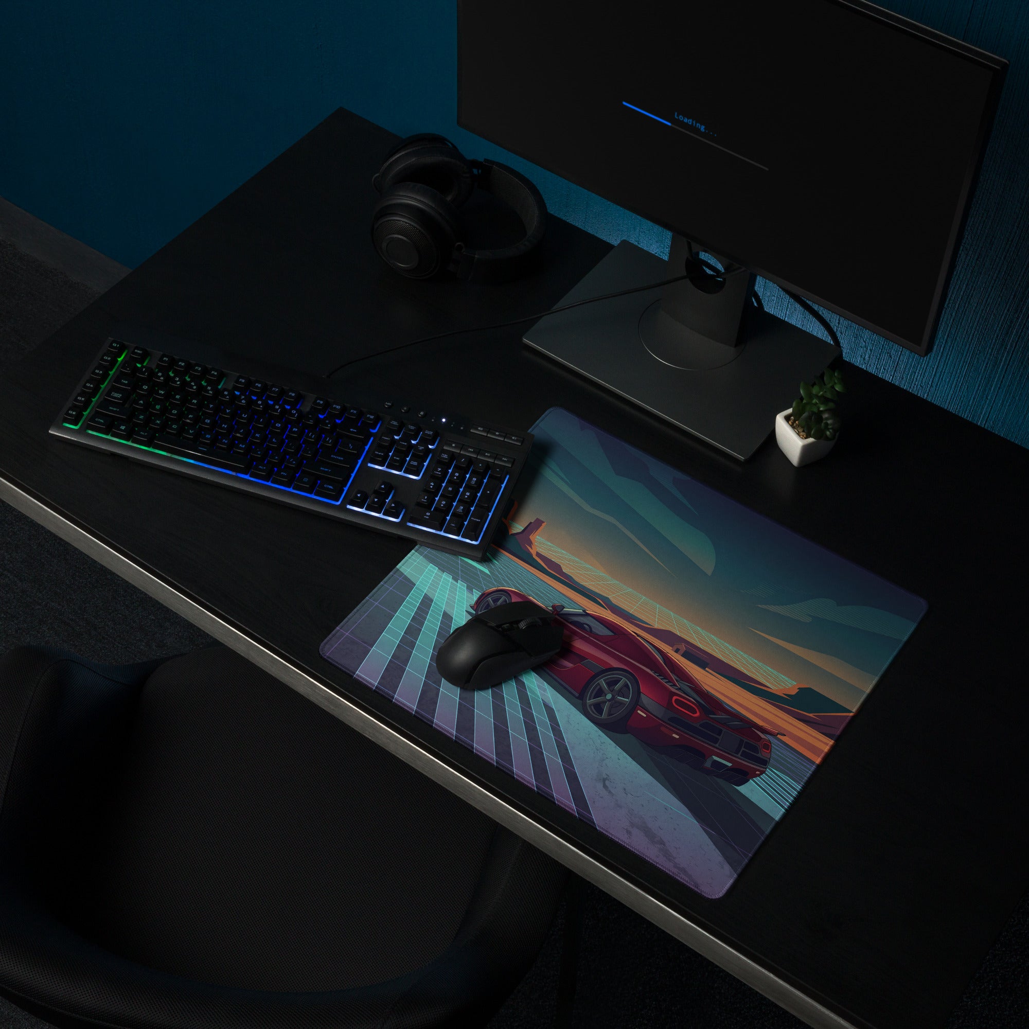 Koenigsegg Agera RS Inspired Red Cyan Vaporwave Gaming Mouse Pad – Neon Desert Highway Desk Mat, Retro Futuristic Hypercar Digital Artwork