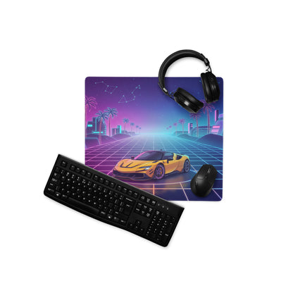Ferrari SF90 Stradale Inspired Orange Pink Cyan Vaporwave Gaming Mouse Pad – Neon Palm City Grid Desk Mat, Retro Futuristic Supercar Digital Artwork