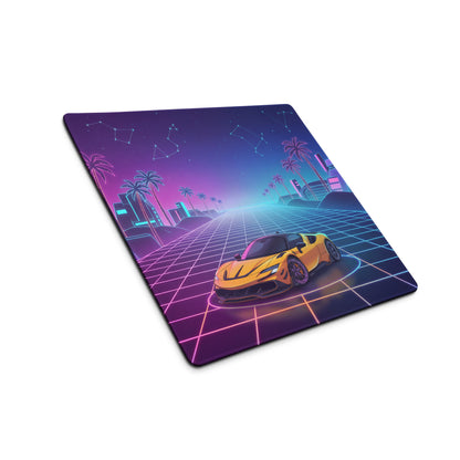 Ferrari SF90 Stradale Inspired Orange Pink Cyan Vaporwave Gaming Mouse Pad – Neon Palm City Grid Desk Mat, Retro Futuristic Supercar Digital Artwork