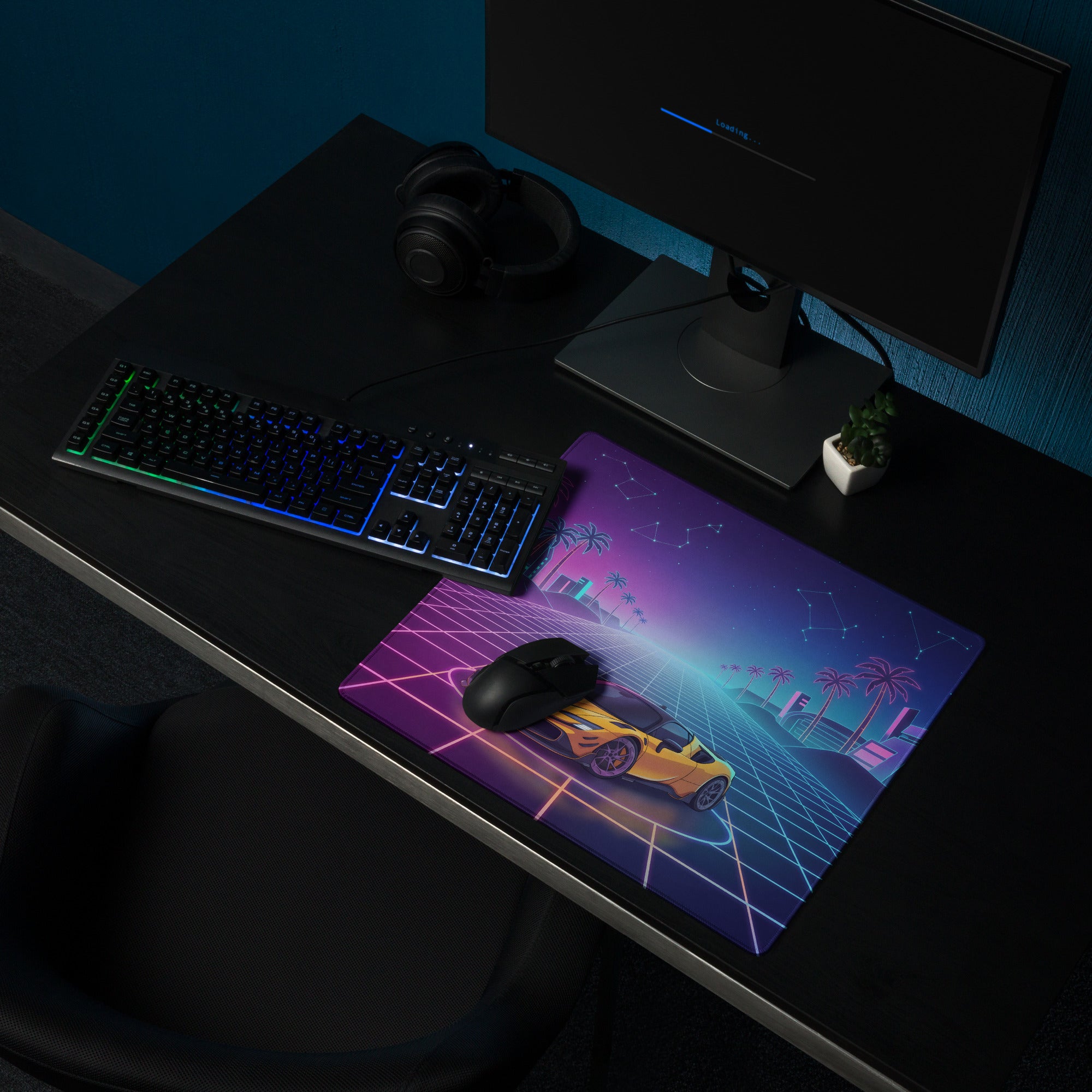 Ferrari SF90 Stradale Inspired Orange Pink Cyan Vaporwave Gaming Mouse Pad – Neon Palm City Grid Desk Mat, Retro Futuristic Supercar Digital Artwork