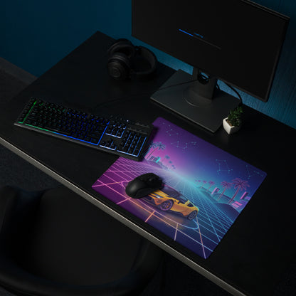 Ferrari SF90 Stradale Inspired Orange Pink Cyan Vaporwave Gaming Mouse Pad – Neon Palm City Grid Desk Mat, Retro Futuristic Supercar Digital Artwork