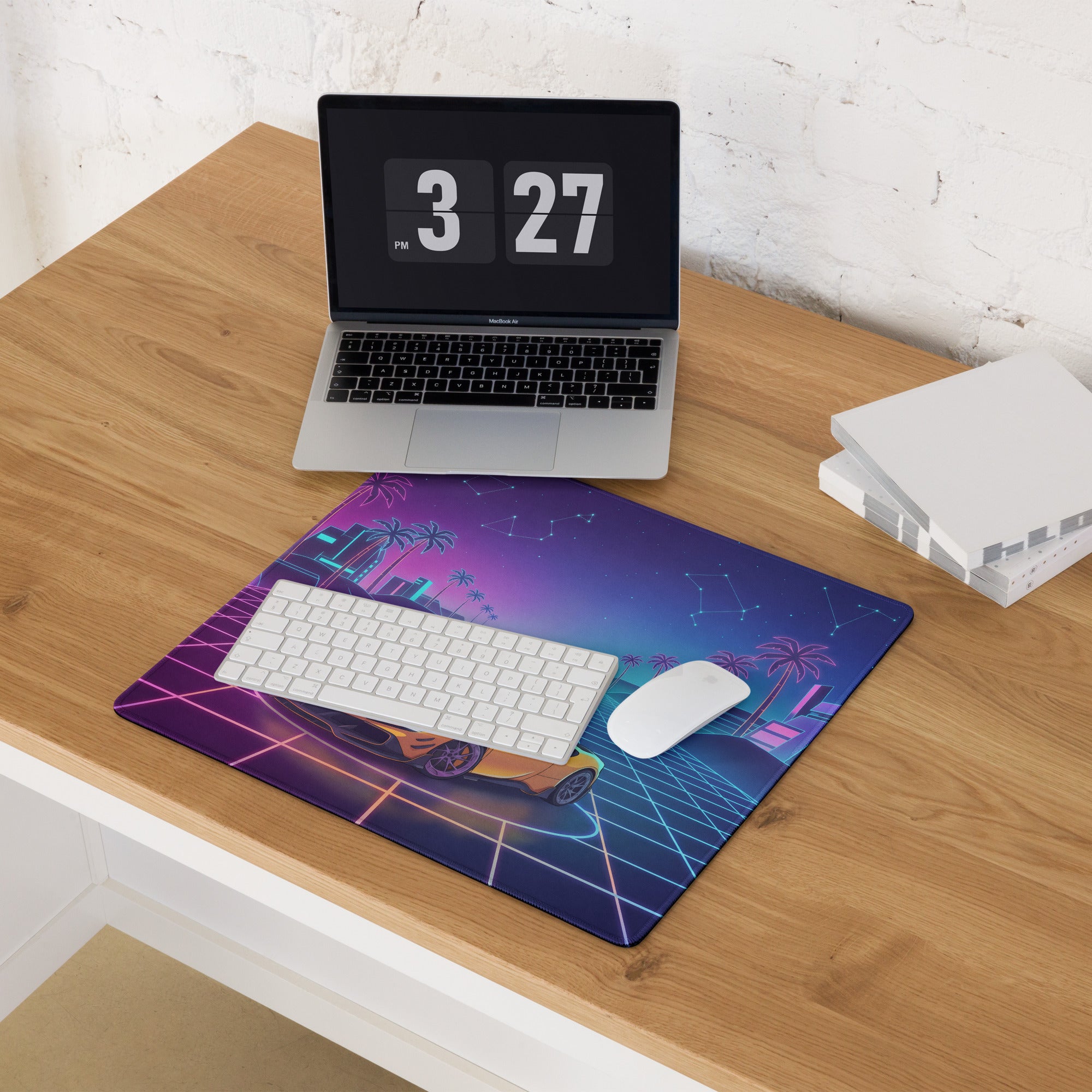 Ferrari SF90 Stradale Inspired Orange Pink Cyan Vaporwave Gaming Mouse Pad – Neon Palm City Grid Desk Mat, Retro Futuristic Supercar Digital Artwork