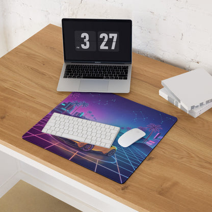 Ferrari SF90 Stradale Inspired Orange Pink Cyan Vaporwave Gaming Mouse Pad – Neon Palm City Grid Desk Mat, Retro Futuristic Supercar Digital Artwork