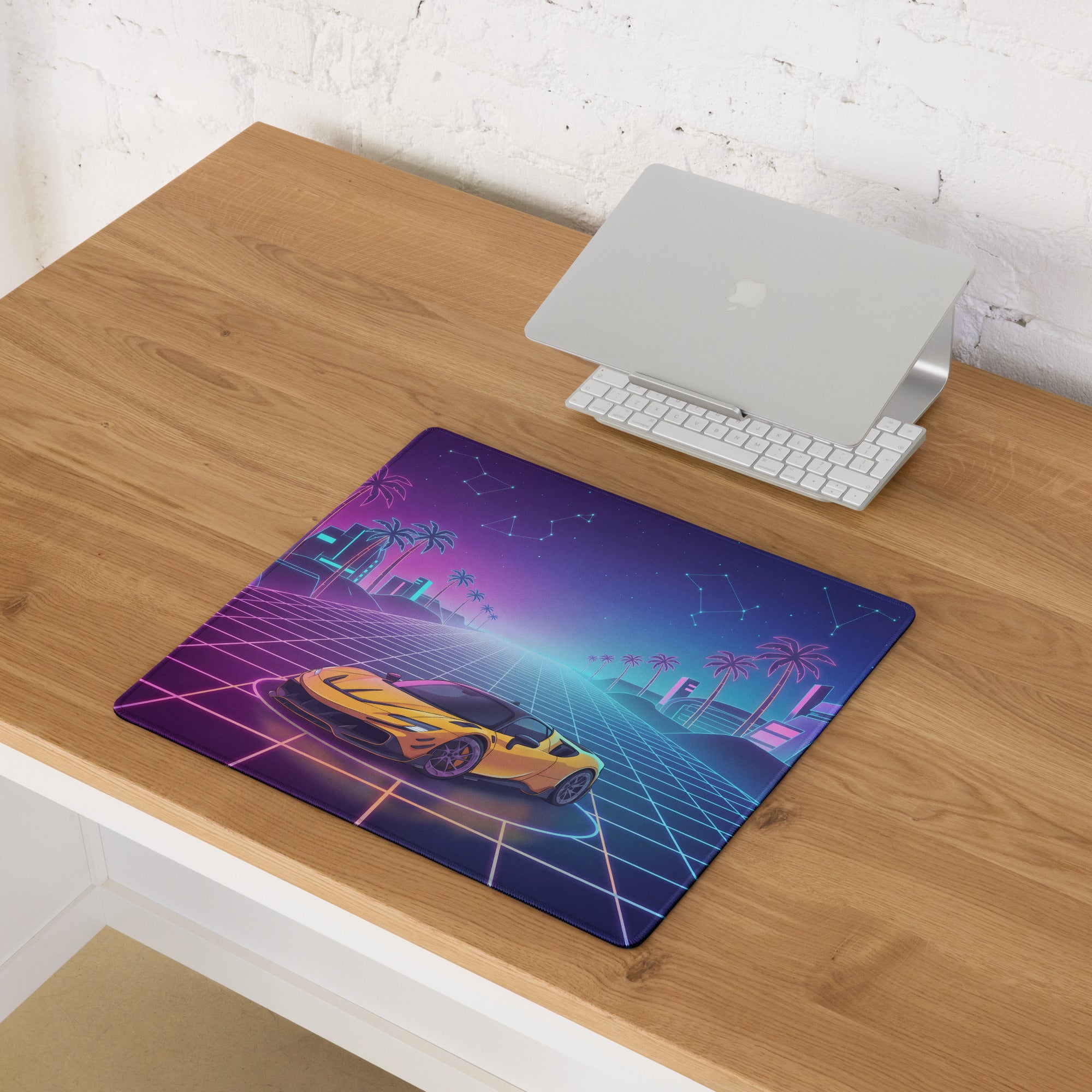 Ferrari SF90 Stradale Inspired Orange Pink Cyan Vaporwave Gaming Mouse Pad – Neon Palm City Grid Desk Mat, Retro Futuristic Supercar Digital Artwork