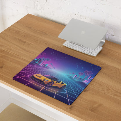 Ferrari SF90 Stradale Inspired Orange Pink Cyan Vaporwave Gaming Mouse Pad – Neon Palm City Grid Desk Mat, Retro Futuristic Supercar Digital Artwork