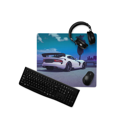 Dodge Viper ACR Inspired White Blue Vaporwave Gaming Mouse Pad – Neon Palm City Skyline Desk Mat, Futuristic Supercar Digital Artwork