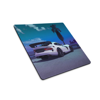Dodge Viper ACR Inspired White Blue Vaporwave Gaming Mouse Pad – Neon Palm City Skyline Desk Mat, Futuristic Supercar Digital Artwork