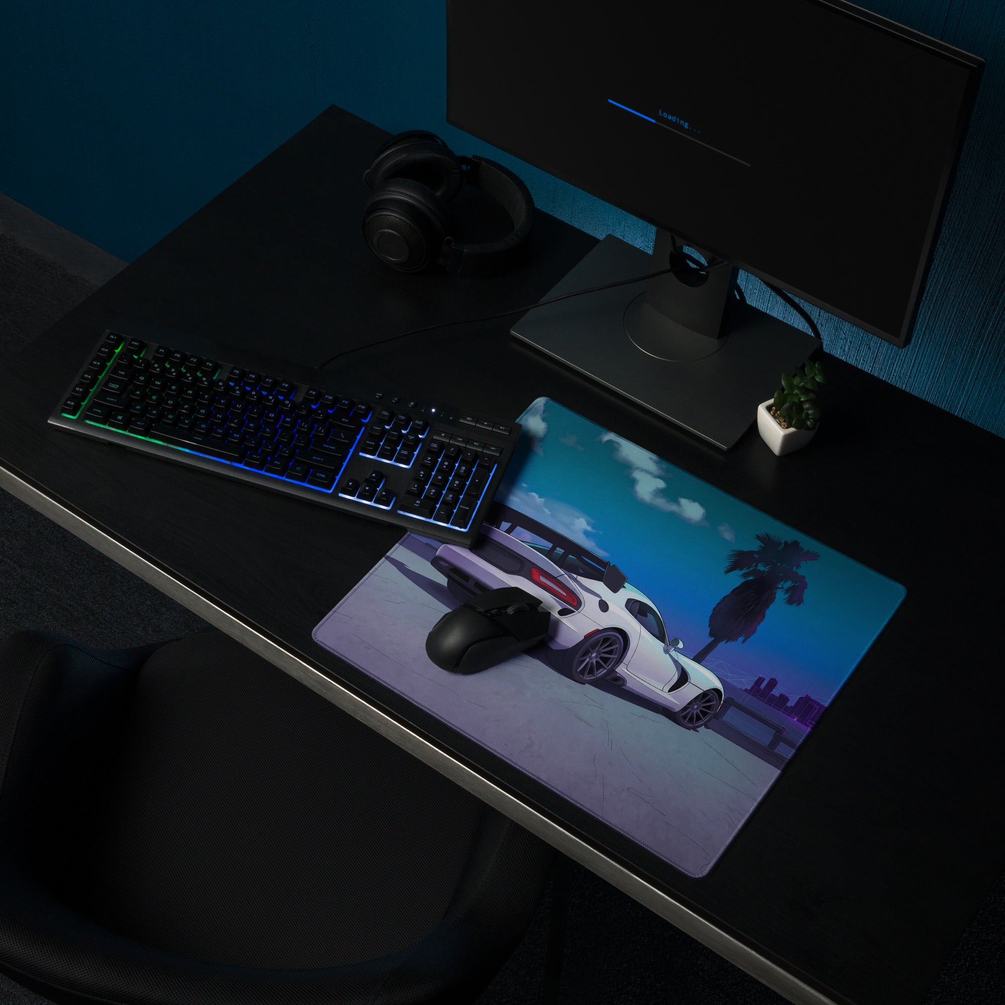 Dodge Viper ACR Inspired White Blue Vaporwave Gaming Mouse Pad – Neon Palm City Skyline Desk Mat, Futuristic Supercar Digital Artwork