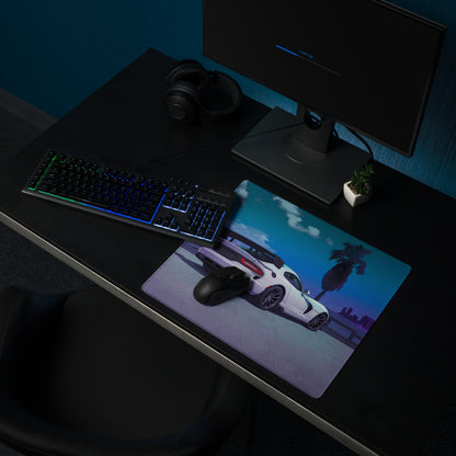 Dodge Viper ACR Inspired White Blue Vaporwave Gaming Mouse Pad – Neon Palm City Skyline Desk Mat, Futuristic Supercar Digital Artwork