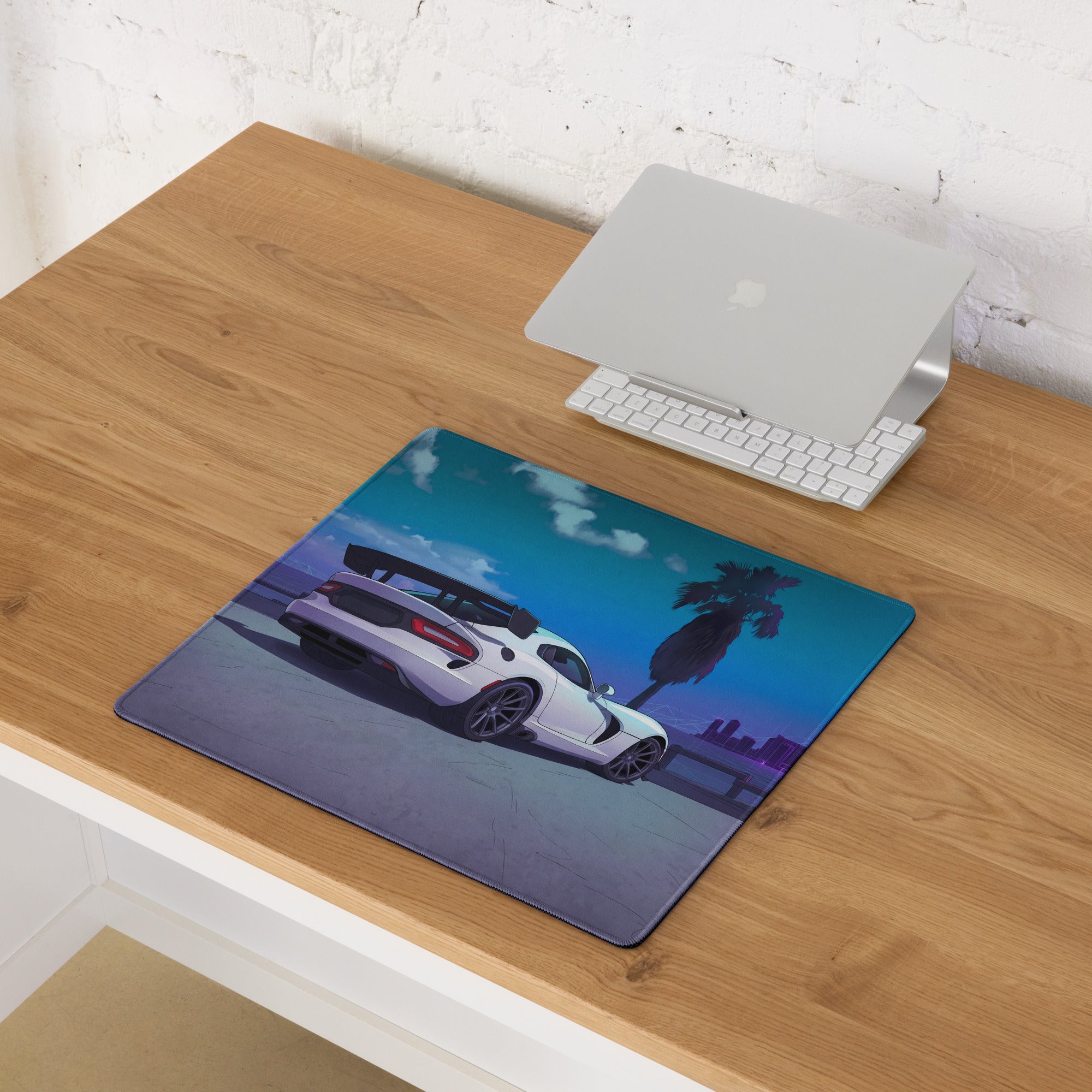 Dodge Viper ACR Inspired White Blue Vaporwave Gaming Mouse Pad – Neon Palm City Skyline Desk Mat, Futuristic Supercar Digital Artwork