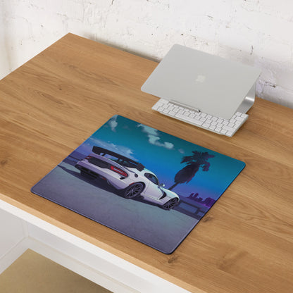 Dodge Viper ACR Inspired White Blue Vaporwave Gaming Mouse Pad – Neon Palm City Skyline Desk Mat, Futuristic Supercar Digital Artwork