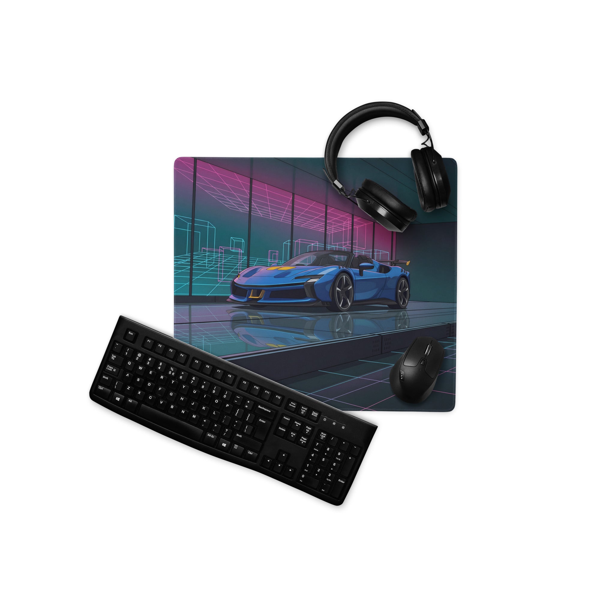 Ferrari SF90 XX Spider Inspired Blue Pink Vaporwave Gaming Mouse Pad – Neon Cyber Showroom Desk Mat, Futuristic Convertible Supercar Digital Artwork