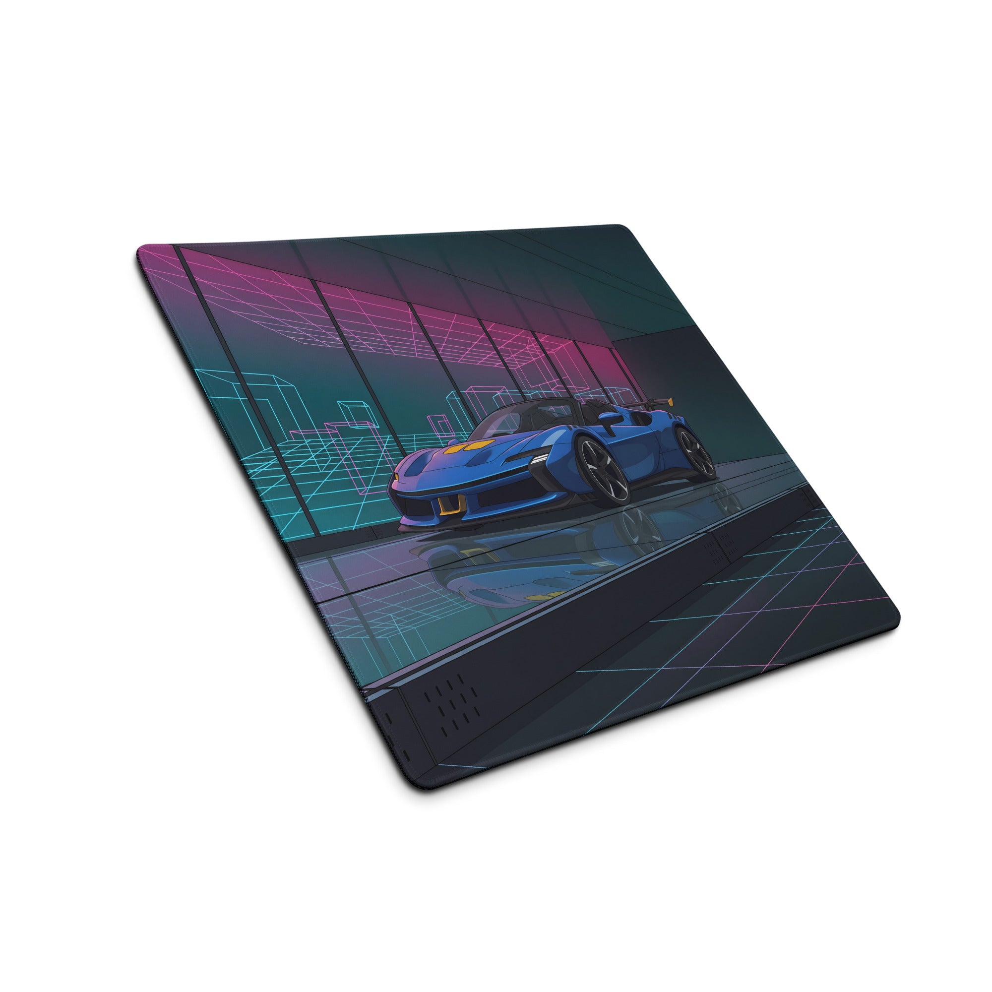 Ferrari SF90 XX Spider Inspired Blue Pink Vaporwave Gaming Mouse Pad – Neon Cyber Showroom Desk Mat, Futuristic Convertible Supercar Digital Artwork