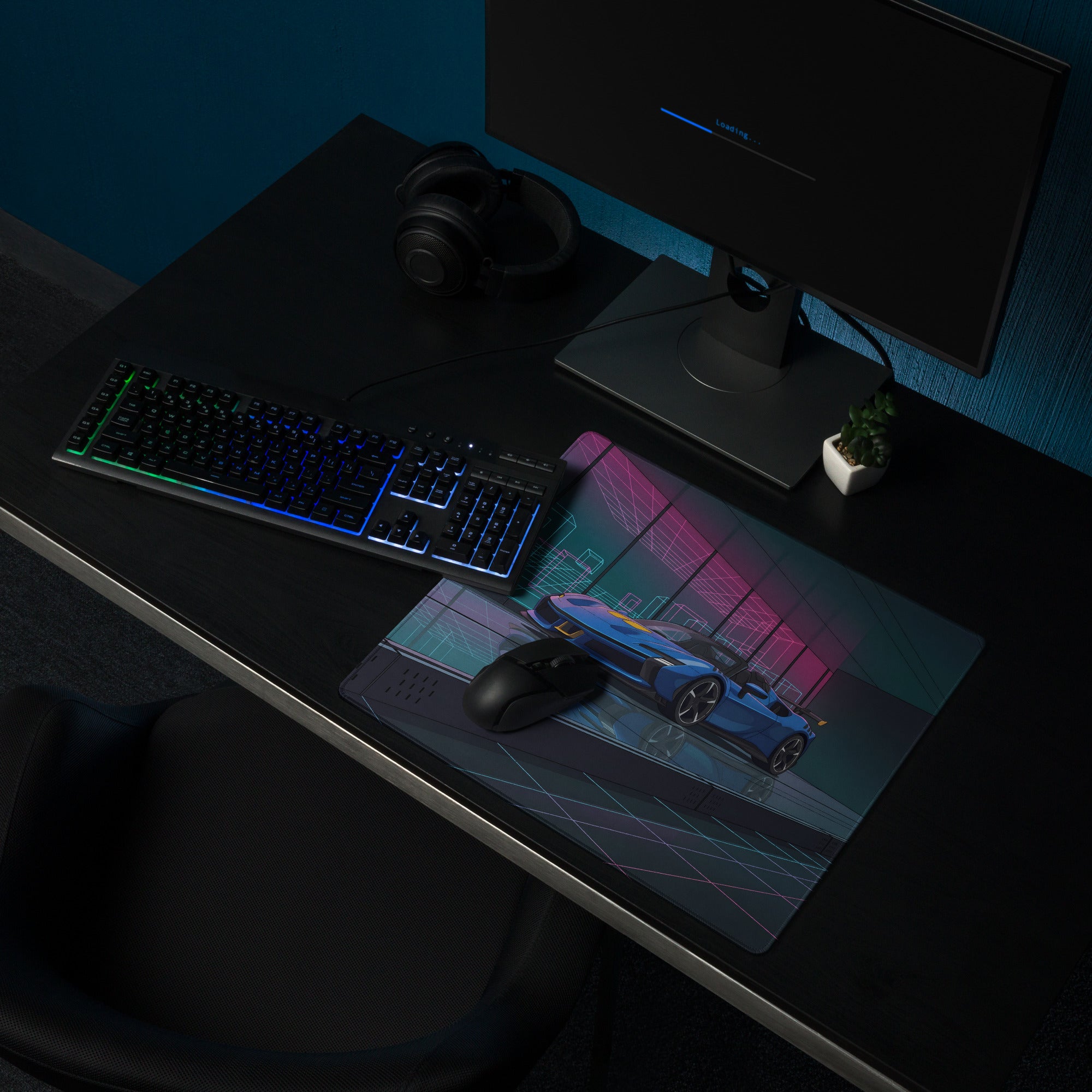 Ferrari SF90 XX Spider Inspired Blue Pink Vaporwave Gaming Mouse Pad – Neon Cyber Showroom Desk Mat, Futuristic Convertible Supercar Digital Artwork
