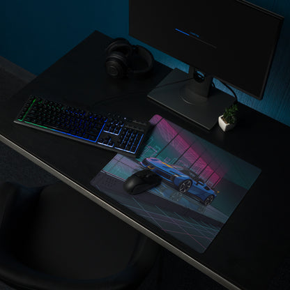 Ferrari SF90 XX Spider Inspired Blue Pink Vaporwave Gaming Mouse Pad – Neon Cyber Showroom Desk Mat, Futuristic Convertible Supercar Digital Artwork
