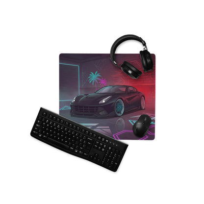 Ferrari F12berlinetta Inspired Black Red Vaporwave Gaming Mouse Pad – Neon Cyber Garage Desk Mat, Futuristic Italian Supercar Digital Artwork