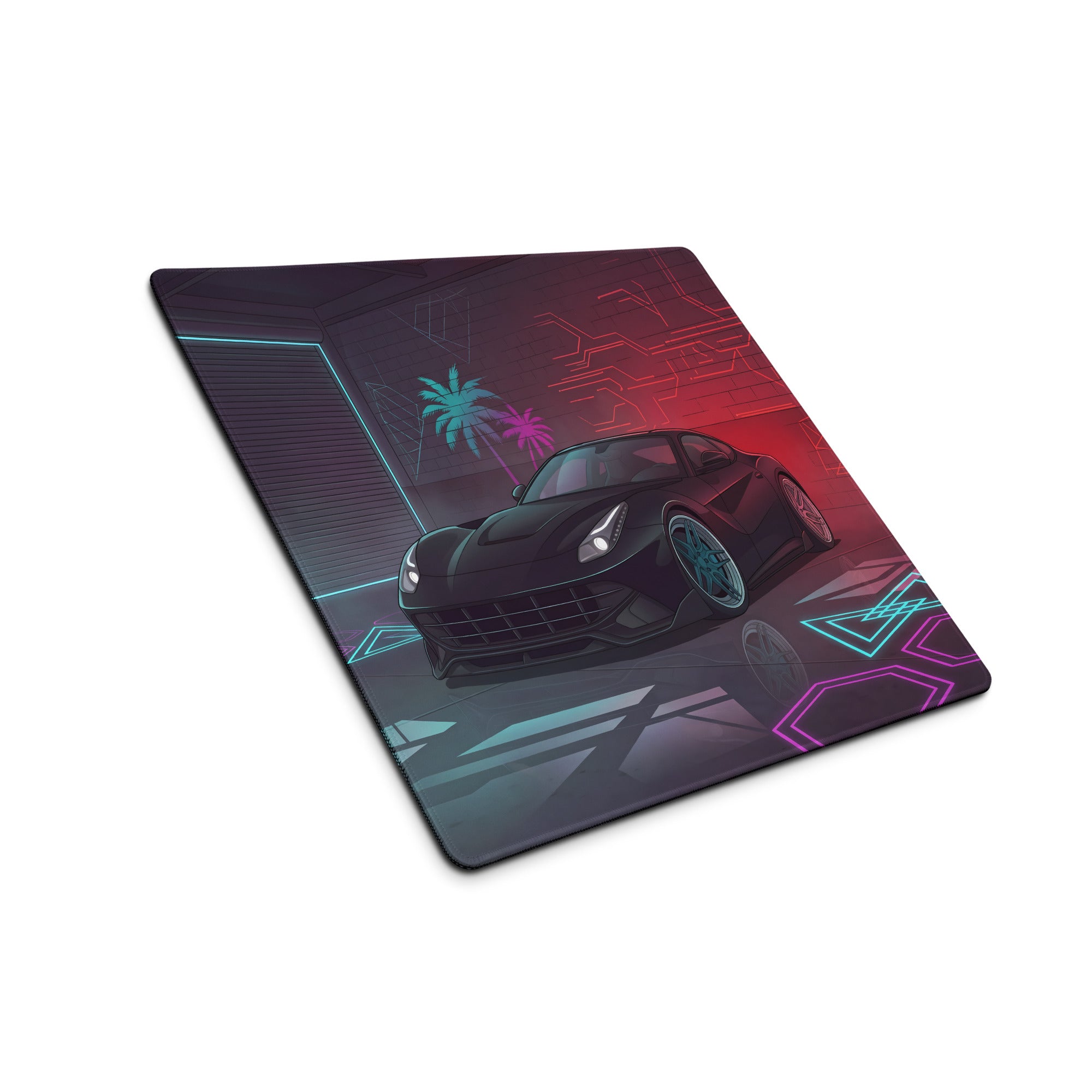 Ferrari F12berlinetta Inspired Black Red Vaporwave Gaming Mouse Pad – Neon Cyber Garage Desk Mat, Futuristic Italian Supercar Digital Artwork