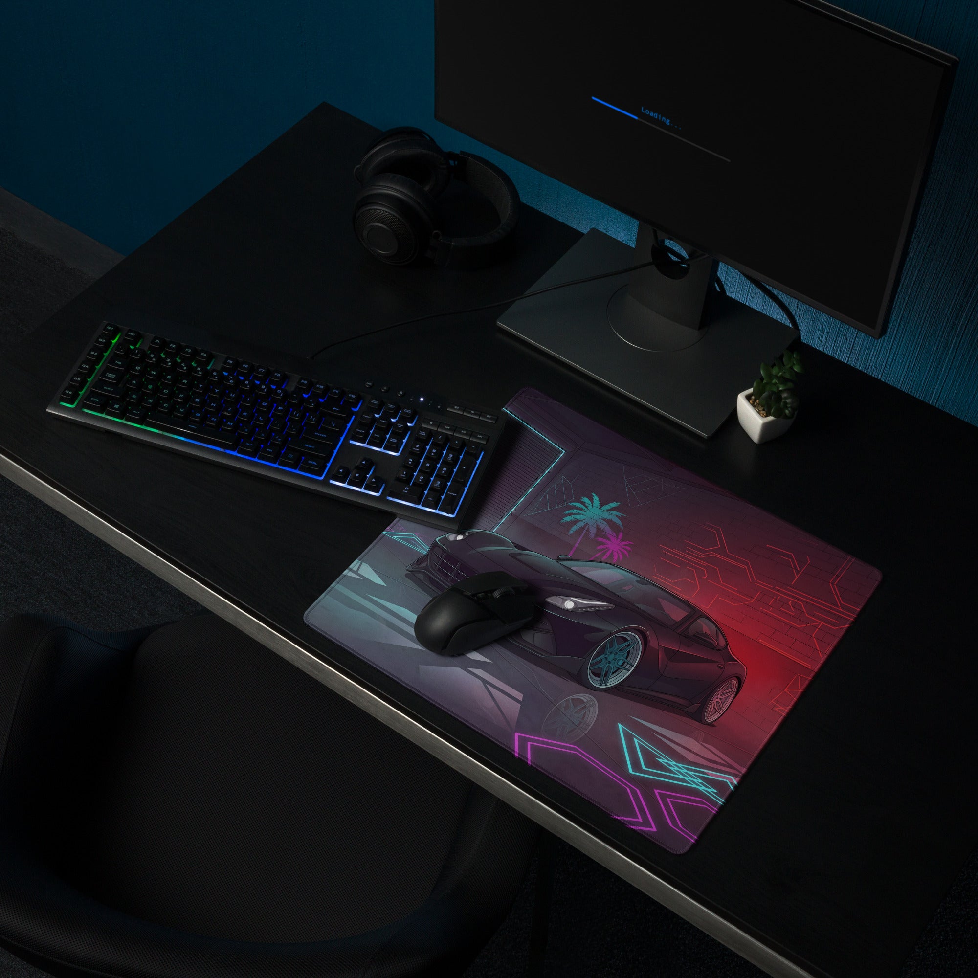 Ferrari F12berlinetta Inspired Black Red Vaporwave Gaming Mouse Pad – Neon Cyber Garage Desk Mat, Futuristic Italian Supercar Digital Artwork