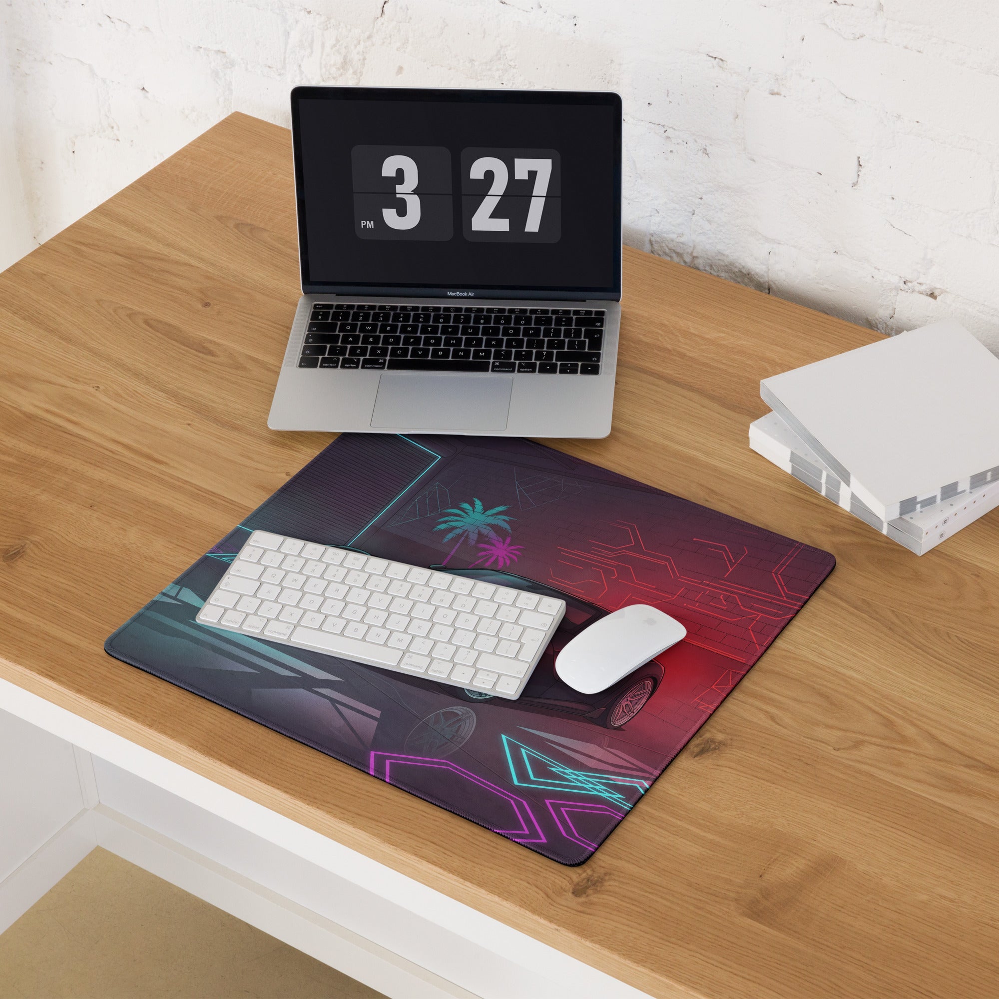 Ferrari F12berlinetta Inspired Black Red Vaporwave Gaming Mouse Pad – Neon Cyber Garage Desk Mat, Futuristic Italian Supercar Digital Artwork
