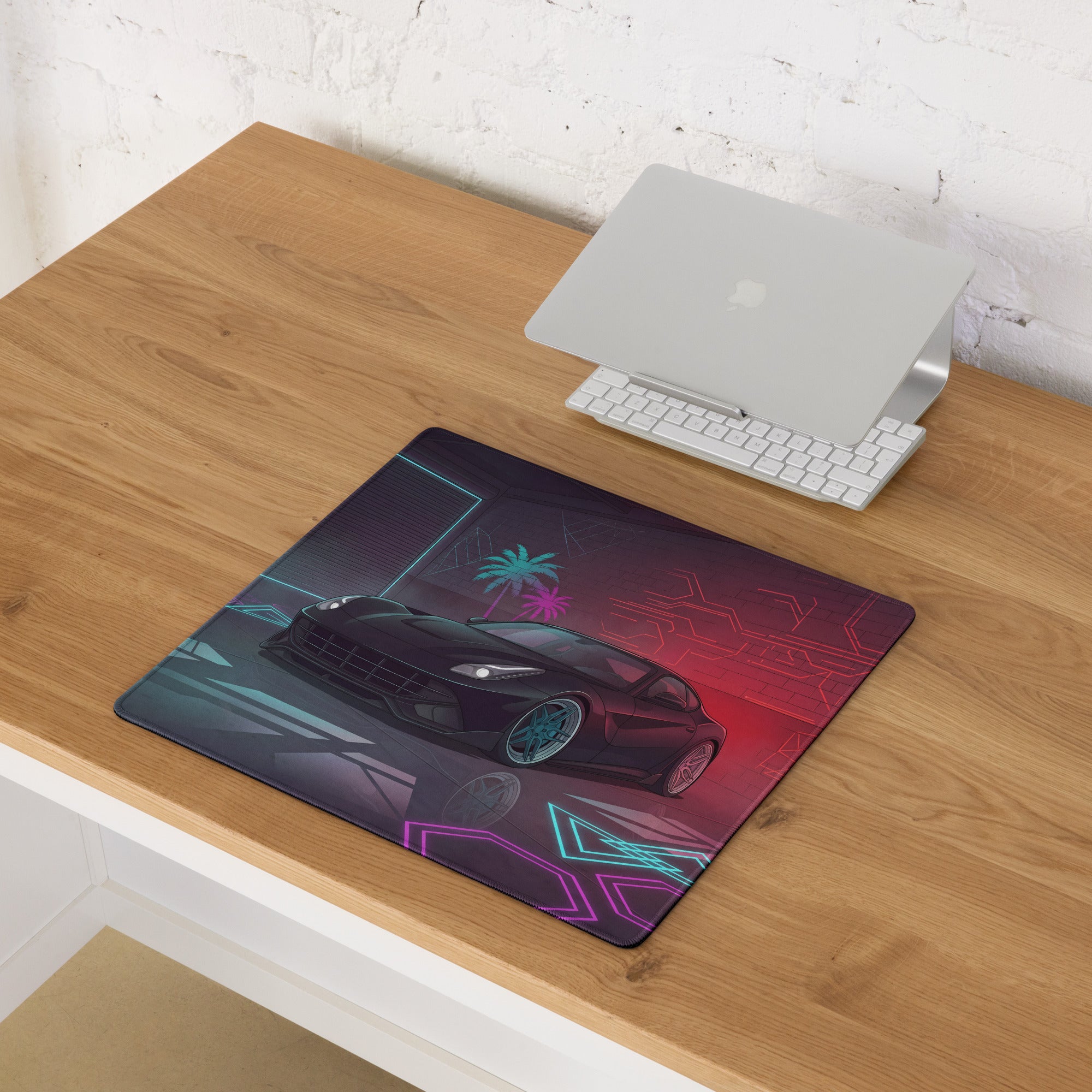 Ferrari F12berlinetta Inspired Black Red Vaporwave Gaming Mouse Pad – Neon Cyber Garage Desk Mat, Futuristic Italian Supercar Digital Artwork