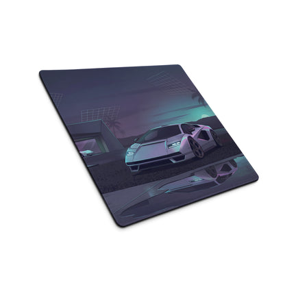 Lamborghini Countach Inspired White Cyan Vaporwave Gaming Mouse Pad – Futuristic Palm Villa Desk Mat, Retro Supercar Digital Artwork