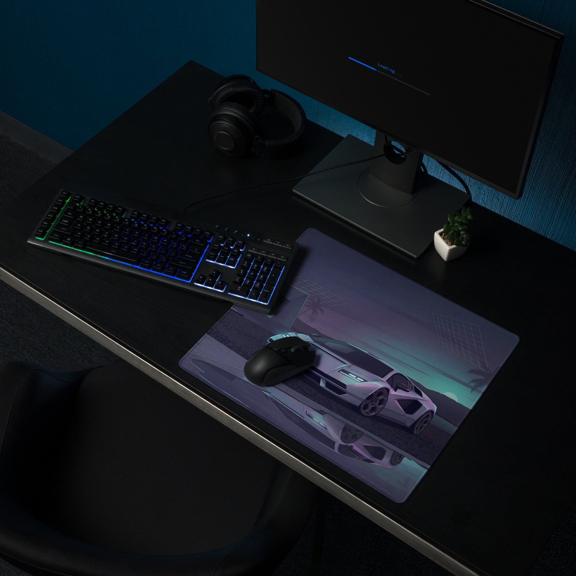Lamborghini Countach Inspired White Cyan Vaporwave Gaming Mouse Pad – Futuristic Palm Villa Desk Mat, Retro Supercar Digital Artwork