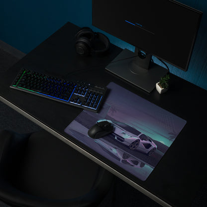 Lamborghini Countach Inspired White Cyan Vaporwave Gaming Mouse Pad – Futuristic Palm Villa Desk Mat, Retro Supercar Digital Artwork