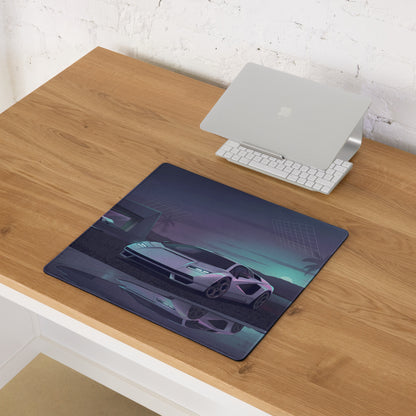 Lamborghini Countach Inspired White Cyan Vaporwave Gaming Mouse Pad – Futuristic Palm Villa Desk Mat, Retro Supercar Digital Artwork