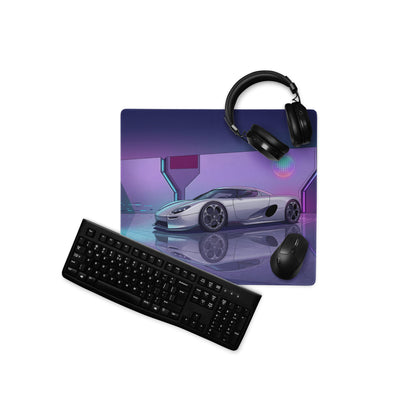 Koenigsegg CCX Inspired White Purple Vaporwave Gaming Mouse Pad – Futuristic Neon Garage Desk Mat, Retro Cyberpunk Supercar Digital Artwork