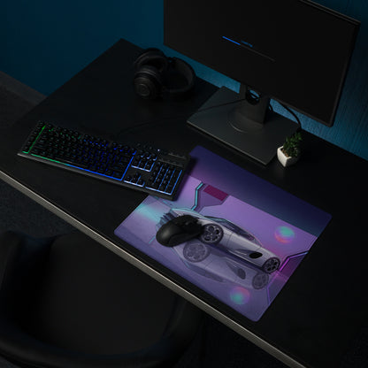 Koenigsegg CCX Inspired White Purple Vaporwave Gaming Mouse Pad – Futuristic Neon Garage Desk Mat, Retro Cyberpunk Supercar Digital Artwork
