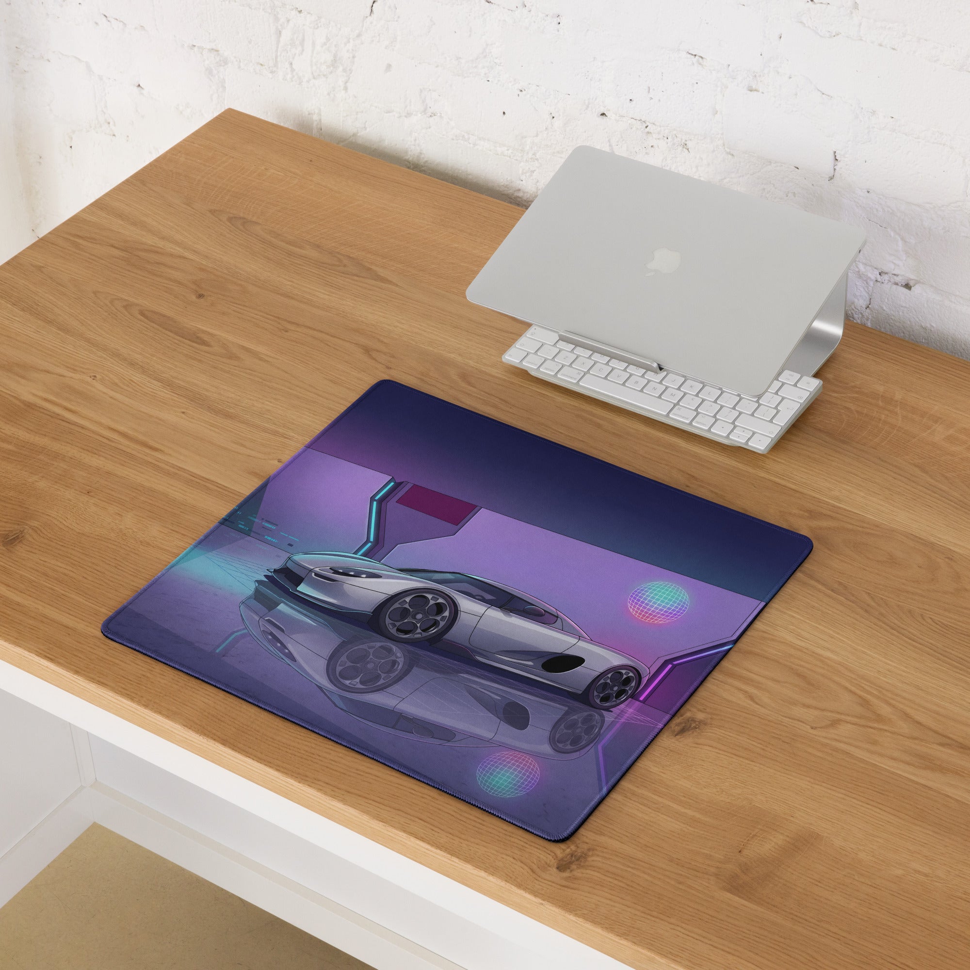 Koenigsegg CCX Inspired White Purple Vaporwave Gaming Mouse Pad – Futuristic Neon Garage Desk Mat, Retro Cyberpunk Supercar Digital Artwork