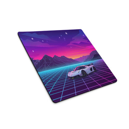 Koenigsegg Jesko Attack Inspired White Purple Vaporwave Gaming Mouse Pad – Neon Grid Mountain Desk Mat, Retro Futuristic Hypercar Digital Artwork