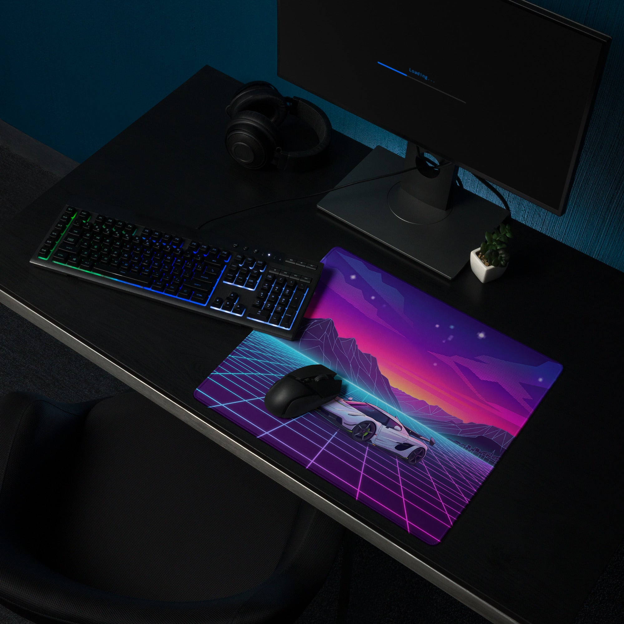 Koenigsegg Jesko Attack Inspired White Purple Vaporwave Gaming Mouse Pad – Neon Grid Mountain Desk Mat, Retro Futuristic Hypercar Digital Artwork
