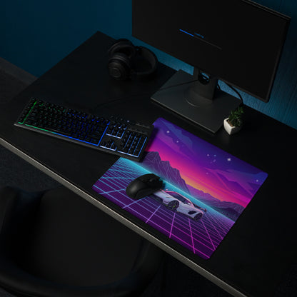 Koenigsegg Jesko Attack Inspired White Purple Vaporwave Gaming Mouse Pad – Neon Grid Mountain Desk Mat, Retro Futuristic Hypercar Digital Artwork