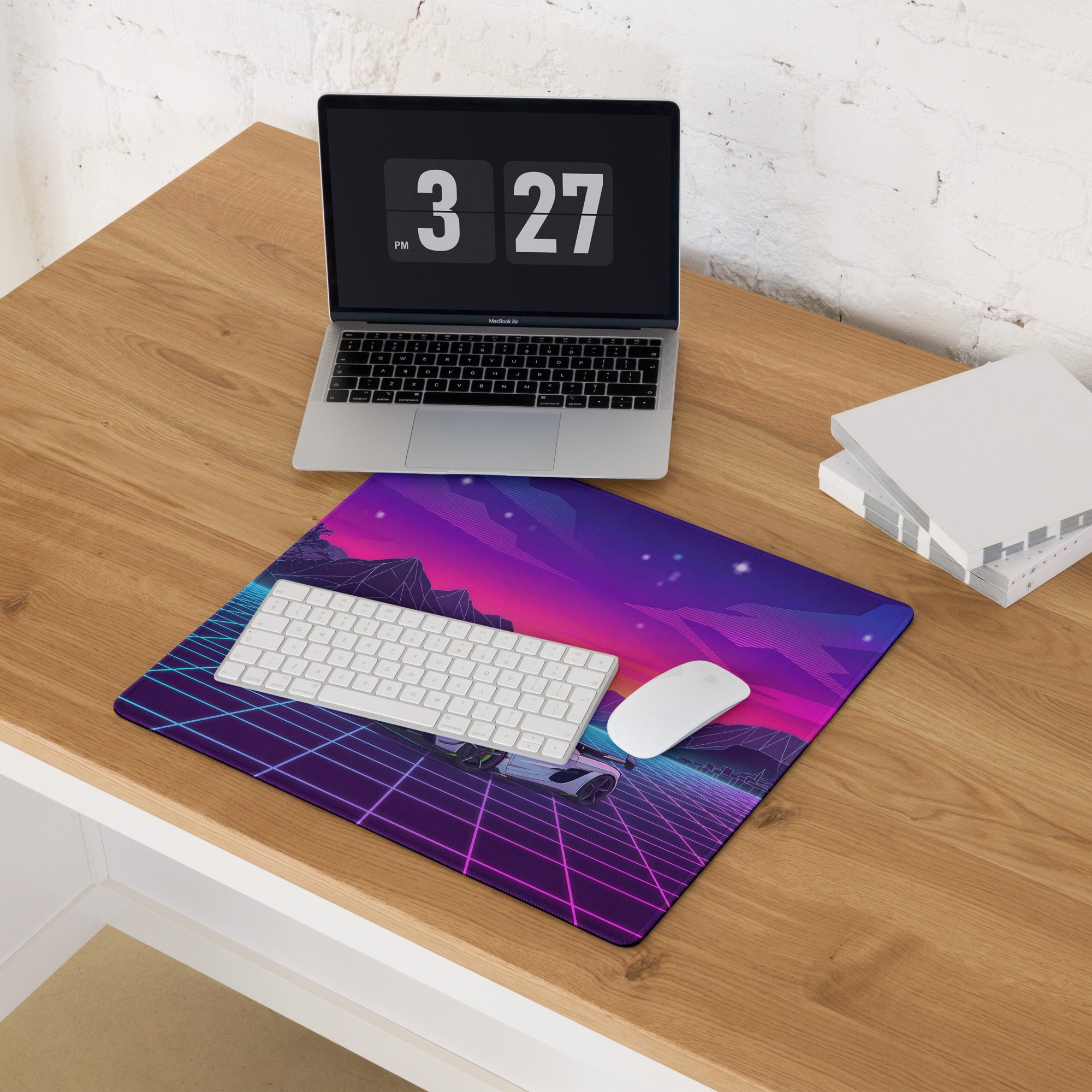 Koenigsegg Jesko Attack Inspired White Purple Vaporwave Gaming Mouse Pad – Neon Grid Mountain Desk Mat, Retro Futuristic Hypercar Digital Artwork