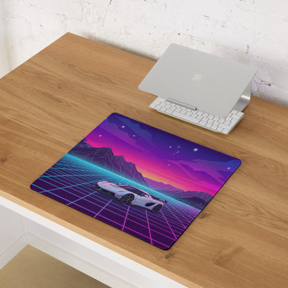 Koenigsegg Jesko Attack Inspired White Purple Vaporwave Gaming Mouse Pad – Neon Grid Mountain Desk Mat, Retro Futuristic Hypercar Digital Artwork