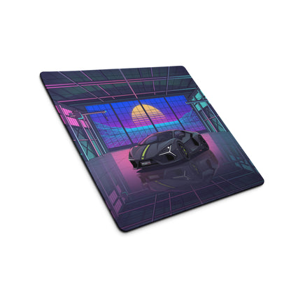 Lamborghini Revuelto Inspired Gray Cyan Vaporwave Gaming Mouse Pad – Neon Retro Garage Desk Mat, Futuristic Synthwave Supercar Digital Artwork