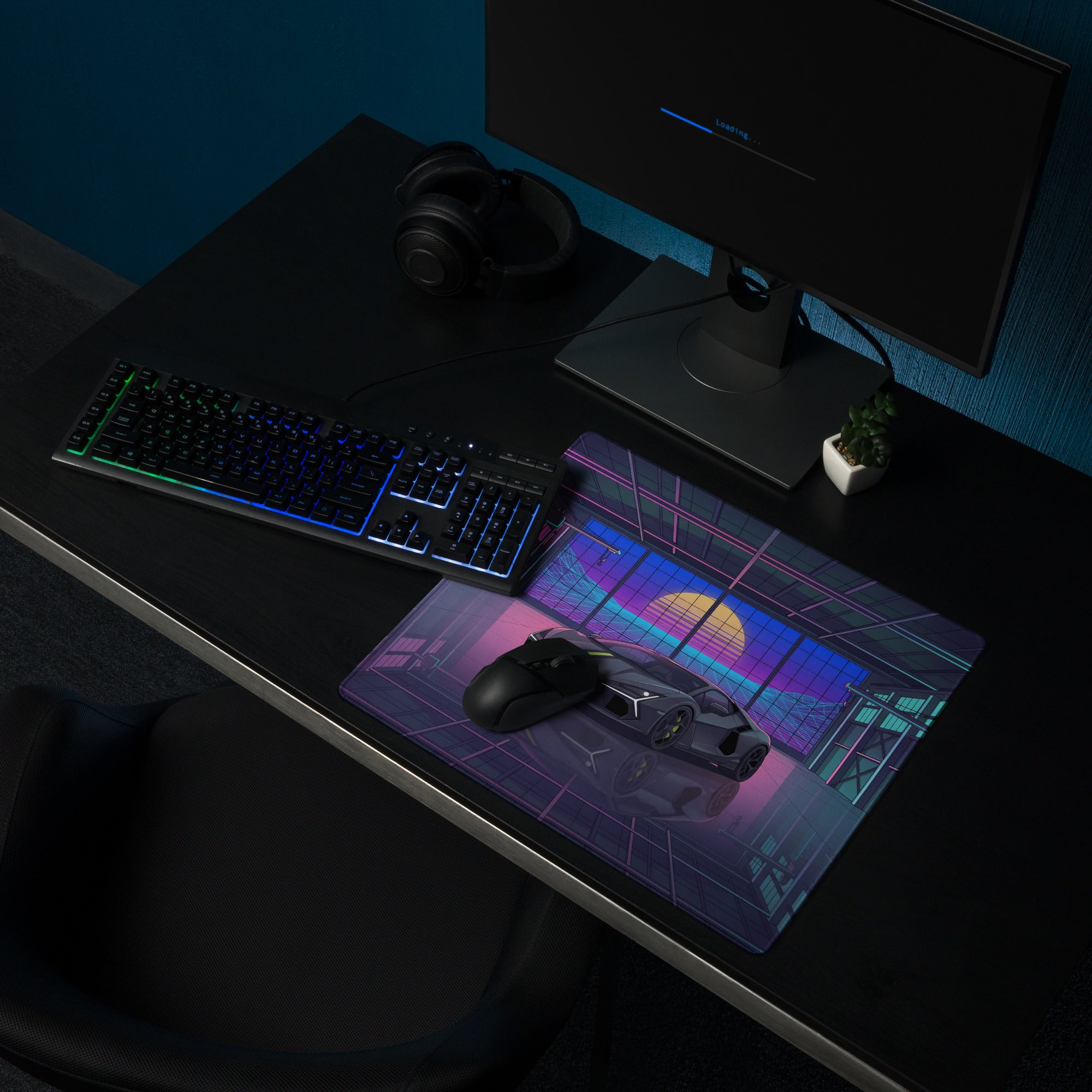 Lamborghini Revuelto Inspired Gray Cyan Vaporwave Gaming Mouse Pad – Neon Retro Garage Desk Mat, Futuristic Synthwave Supercar Digital Artwork