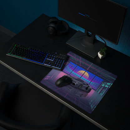 Lamborghini Revuelto Inspired Gray Cyan Vaporwave Gaming Mouse Pad – Neon Retro Garage Desk Mat, Futuristic Synthwave Supercar Digital Artwork