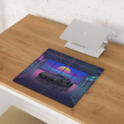 Lamborghini Revuelto Inspired Gray Cyan Vaporwave Gaming Mouse Pad – Neon Retro Garage Desk Mat, Futuristic Synthwave Supercar Digital Artwork