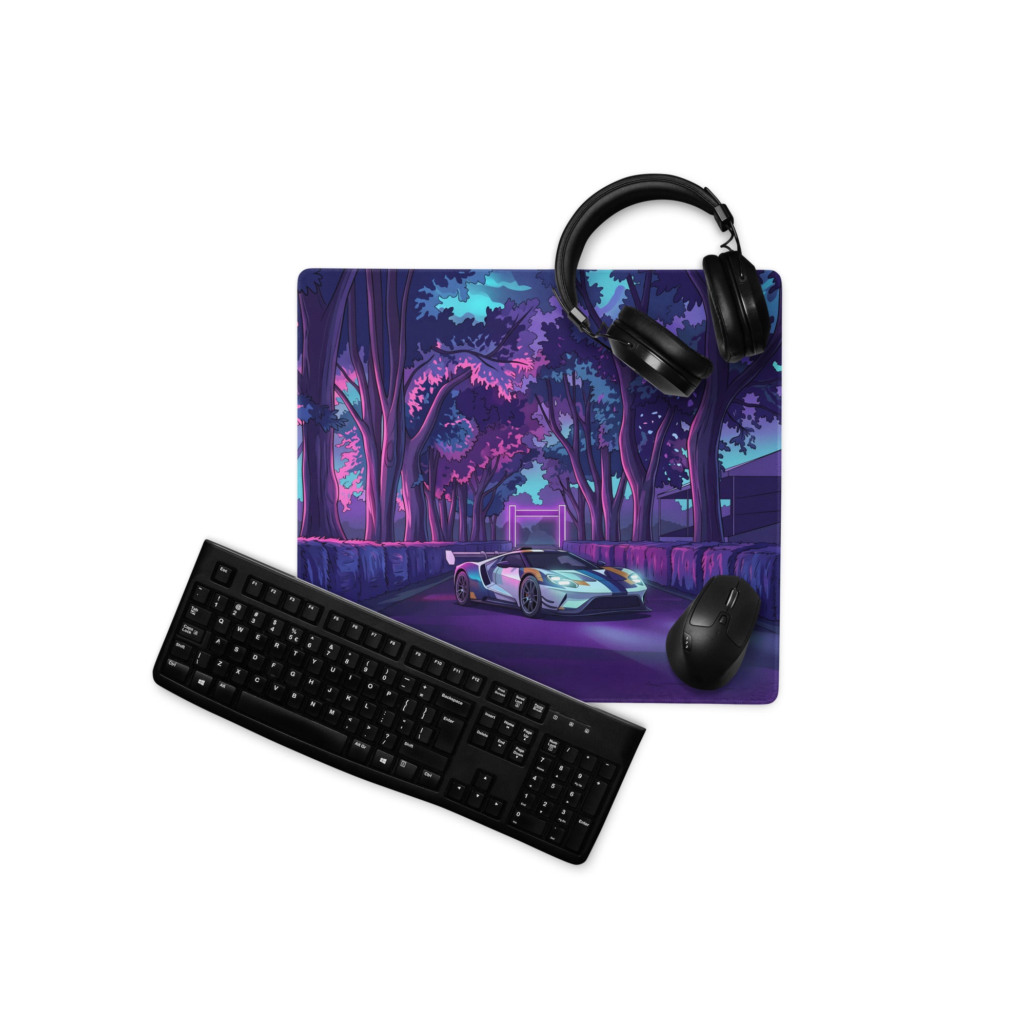 Ford GT Inspired White Blue Vaporwave Gaming Mouse Pad – Neon Forest Raceway Desk Mat, Retro Futuristic Supercar Digital Artwork