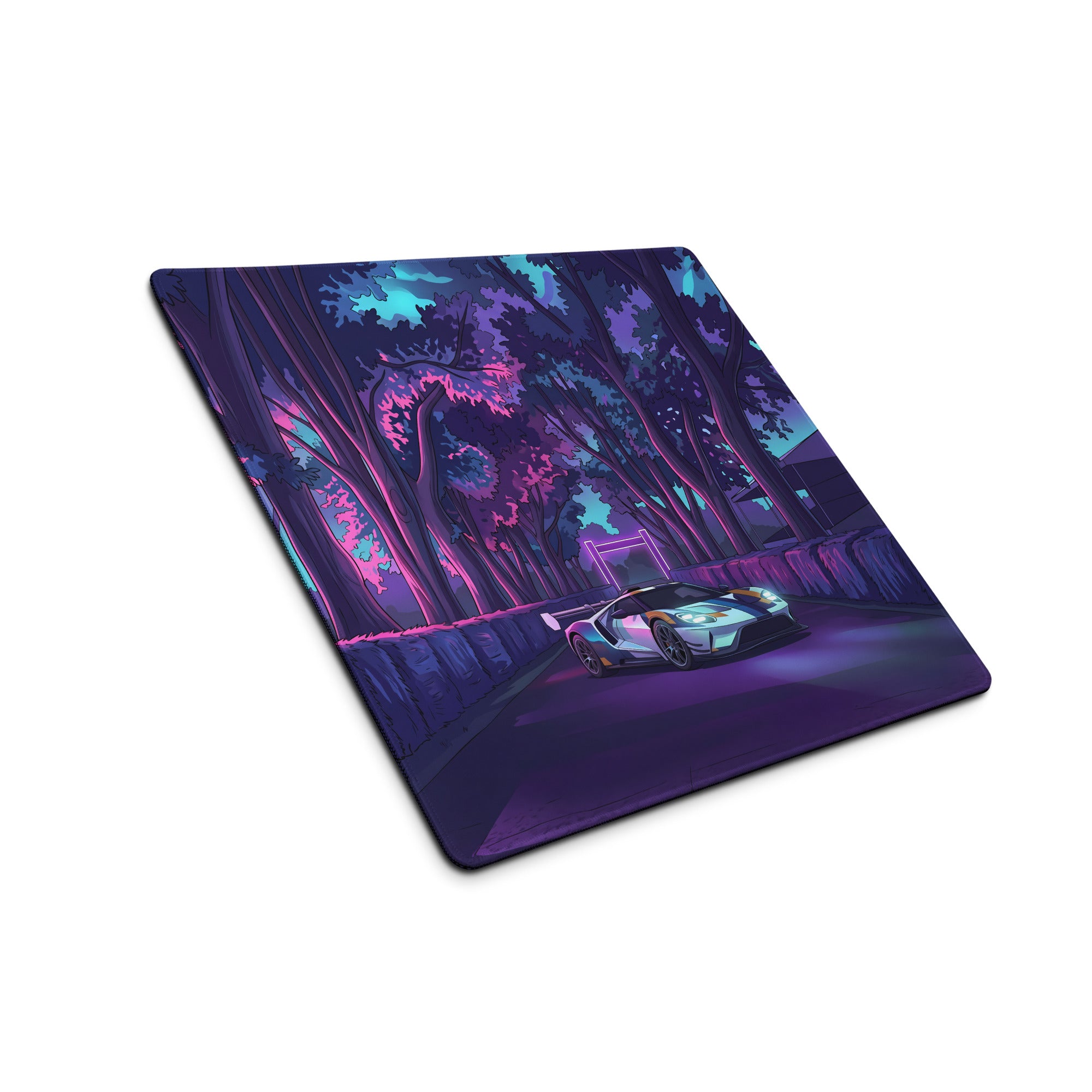 Ford GT Inspired White Blue Vaporwave Gaming Mouse Pad – Neon Forest Raceway Desk Mat, Retro Futuristic Supercar Digital Artwork