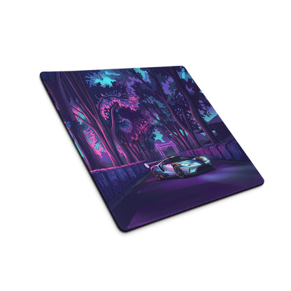 Ford GT Inspired White Blue Vaporwave Gaming Mouse Pad – Neon Forest Raceway Desk Mat, Retro Futuristic Supercar Digital Artwork