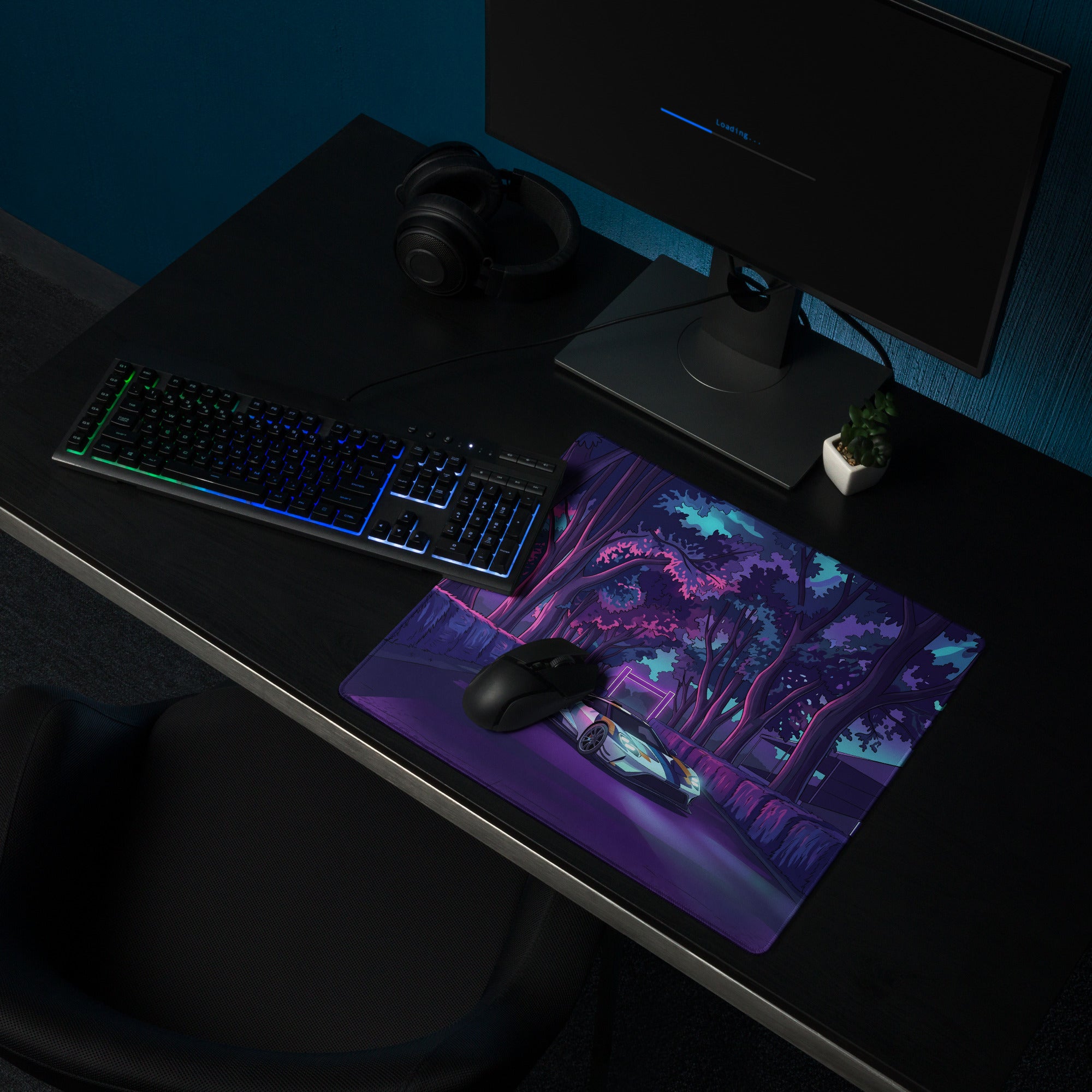 Ford GT Inspired White Blue Vaporwave Gaming Mouse Pad – Neon Forest Raceway Desk Mat, Retro Futuristic Supercar Digital Artwork