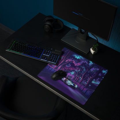 Ford GT Inspired White Blue Vaporwave Gaming Mouse Pad – Neon Forest Raceway Desk Mat, Retro Futuristic Supercar Digital Artwork