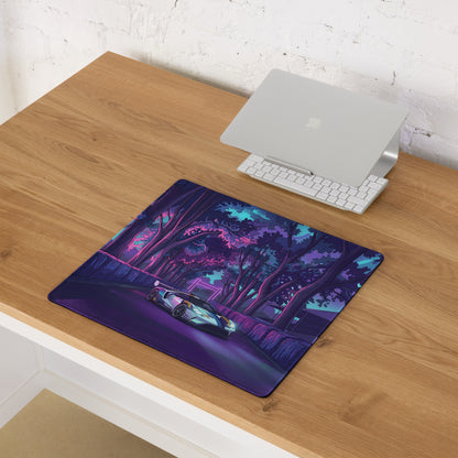 Ford GT Inspired White Blue Vaporwave Gaming Mouse Pad – Neon Forest Raceway Desk Mat, Retro Futuristic Supercar Digital Artwork